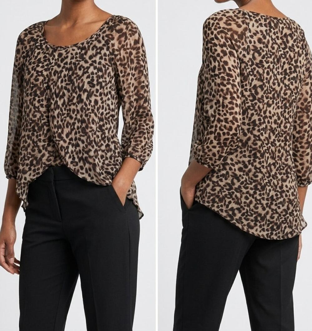 Roz & Ali XS Blouse Animal Print Brown Polyester Lined